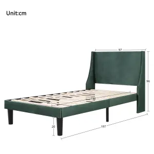 Velvet Upholstered 3FT Single Bed Frame with Winged Headboard and Wood Slat Green Bed