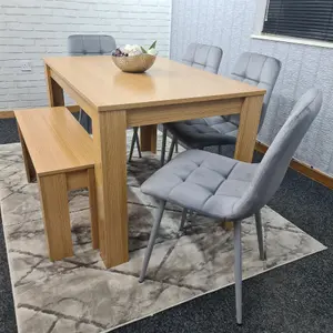 Dining Table and 4 Chairs With Bench Oak Effect Wood 4 Grey Velvet Chairs Dining Room