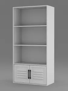 URBNLIVING 4 Tier Grey Wooden Bookcase Cupboard With White  Metal Doors Storage Display Cabinet Unit