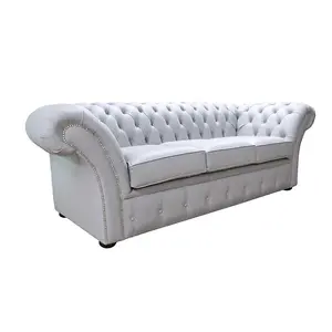 Chesterfield 3 Seater Sofa Settee Shelly Silver Grey Leather In Balmoral Style