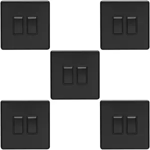 5 PACK 2 Gang Double Light Switch SCREWLESS MATT BLACK 2 Way 10A Slim Rocker