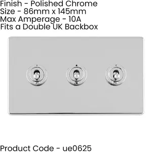 3 Gang Triple Retro Toggle Light Switch SCREWLESS POLISHED CHROME 10A 2Way Lever