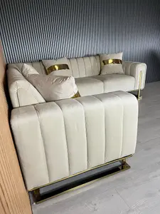 Genova Velvet Champagne Corner Sofa With Gold Metal Legs