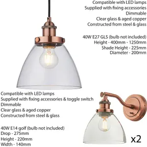 Ceiling Pendant & 2x Matching Wall Light Pack Aged Copper & Clear Glass Shade