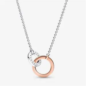 Pandora Signature Two Tone Intertwined Circles Necklace - Sterling Silver And 14K Rose Gold-Plated Unique Metal Blend / Cubic Zirconia - Sz. 45 cm