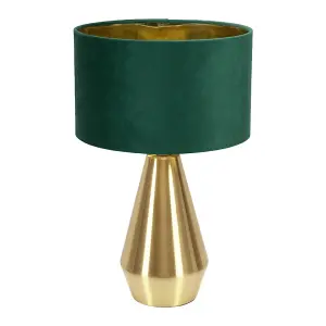 ValueLights Jax Gold Dimmable Touch Table Lamp with Forest Green Velvet with Gold Inner Lamp Shade