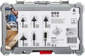 Bosch Professional Router Bit Set 6 pcs Trim&Edging 1/4" shank 6-piece Trim and Edging Router Bit Set with 1/4" shank diameter.