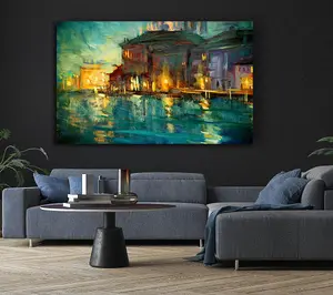 Water Reflections Town Lights Canvas Print Wall Art - Medium 20 x 32 Inches