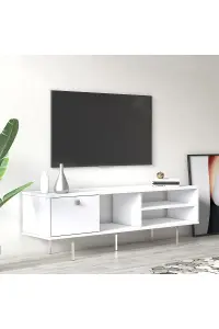 Mika TV Stand with 3 Shelves and 1 Cabinet, 140 x 35 x 45 cm TV Unit Table for TVs up to 60 inch, White