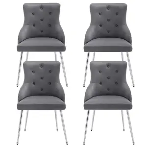 Set of 4 Grey Lux Velvet Upholstered Dining Chairs with Cushion Kitchen Chairs