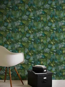 AS Creation 3D Effect Tropical Tree Palm Leaf Wallpaper Vinyl Green Blue 37280-3