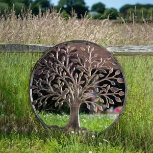 Tree of Life Copper Effect Outdoor Garden Wall Mirror - Bronze Distressed Decor with Robin Love Birds Makes a Great Memorial