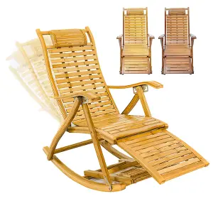 Foldable Natural Adjustable Balcony Wooden Bamboo Rocking Lounge Chair with Retractable Footrest