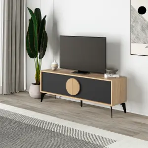 Decortie Gora Modern TV Unit Oak, Silky Grey Black 140(W)cm with 2 Door Flap Stay Storage TV Cabinet