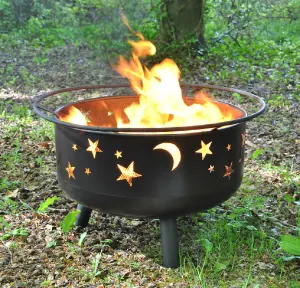 Star and Moon Fire Bowl with Grill, Safety Guard and Poker