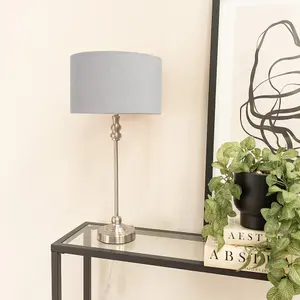 ValueLights Maggie Brushed Chrome Candlestick Slim Table Lamp with Grey Velvet Drum Lamp Shade and LED Bulb