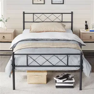 Yaheetech Black 3ft Single Simple Metal Bed Frame with Cross-design Headboard & Footboard