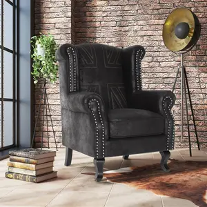 Faux Leather Suede Effect Britannia Wing Back Chair with Union Jack Flag Black