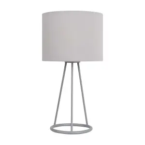 First Choice Lighting Tripod Silver Tripod Table Lamp with Ring Detail and Grey Fabric Shade