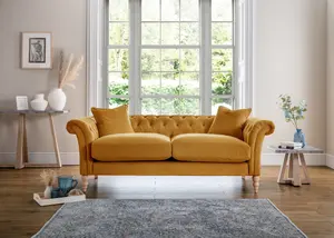 Furniturebox Olivia Mustard Yellow 3-Seater Modern Chesterfield Sofa Hand Made In Anti-Crease Velvet