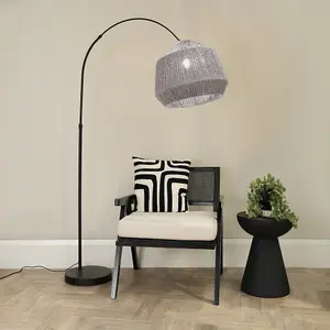 ValueLights Louis Black Arched Curved Floor Lamp with Grey Rope Dome Lamp Shade and LED Bulb