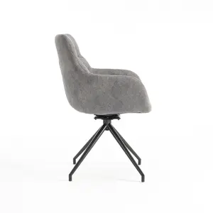 Eva Modern Velvet Dining Chair Swivel Padded Seat w Arms Metal Leg Kitchen (Grey)