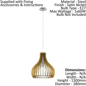 Pendant Ceiling Light Colour Satin Nickel Shade Maple Wood Bulb E27 1x60W