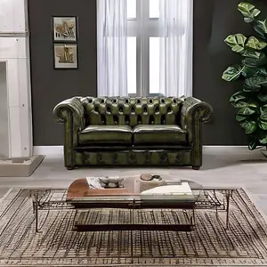 Chesterfield 2 Seater Antique Olive Leather Sofa Settee Bespoke In Classic Style