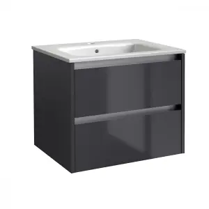 Bathroom 2-Drawer Wall Hung Vanity Unit with Basin 800mm Wide - Storm Grey Gloss - (Urban) - Brassware Not Included