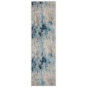 Modern Abstract Graphics Easy to Clean Blue Grey Abstract Rug for Dining Room-80cm X 150cm