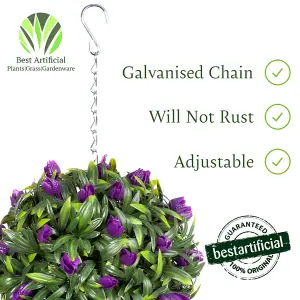 Best Artificial 24cm Purple Lush Tulip Hanging Basket Flower Topiary Ball - Suitable for Outdoor Use - Weather & Fade Resistant