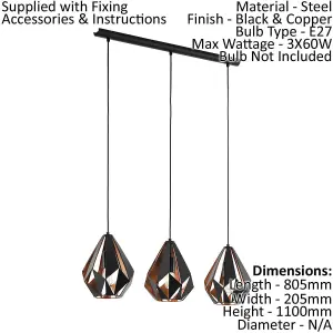 Hanging Ceiling Pendant Light Black Copper Geometric 3x 60W E27 Kitchen Island