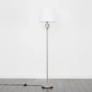 ValueLights Memphis Traditional Style Satin Nickel Barley Twist Floor Lamp with White Tapered Light Shade