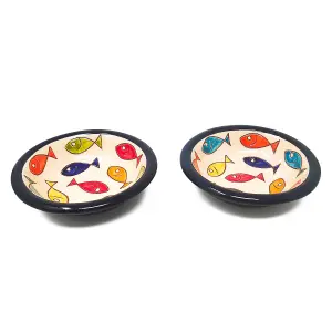 Signature Coloured Fish Hand Painted Ceramic Set of 2 Tapas Bowls Blue Rim (Diam) 12cm