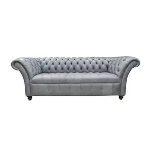 Chesterfield 3 Seater Buttoned Seat Sofa Vintage Cracked Wax Ash Grey Leather In Balmoral Style