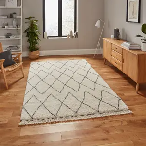 Cream Grey Chequered Kilim Modern Shaggy Moroccan Rug for Living Room Bedroom and Dining Room-200cm X 290cm