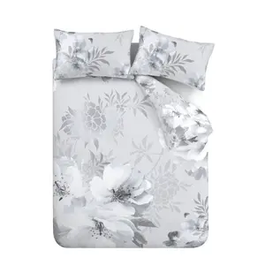 Dramatic Floral Reversible Duvet Cover Set with Pillowcases Silver Grey / Double - 2 Standard Pillowcases