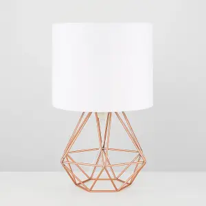 ValueLights Pair of Copper Metal Basket Cage Bed Side Table Lamps with White Fabric Shades With LED Golfball Bulb In Warm White