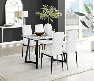 Carson 4 Seater White Marble Effect Rectangular Scratch Resistant Dining Table with 4 White Milan Faux Leather Black Leg Chairs