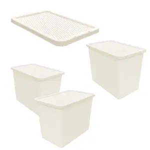 5 x 80L Large Cream Rattan Effect Stackable Plastic Storage Containers With Lids