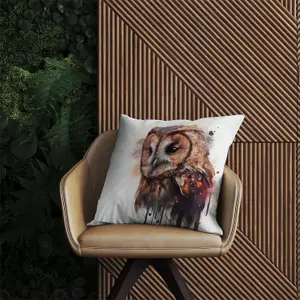 Tawny Owl Face Splashart Light Background Outdoor Cushion 45cm x 45cm