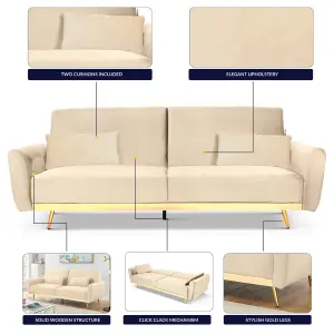 Libbie 3 Seater Click Clack Cream Velvet Sofa Bed with Gold Detail