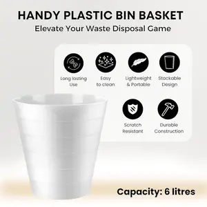 Damek 6L Plastic Open Waste Bin Pack of 2 Round Open Waste Basket Trash Can Rubbish Bin (White)