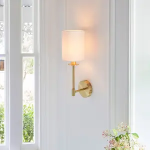 Luminosa Pistoia Shade Wall Lamp, Satin Brass Plate, Vintage White Fabric