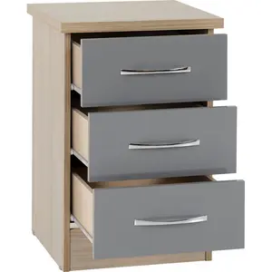 Cascio 3 Drawer Bedside Table Grey Gloss/Light Oak Effect Veneer