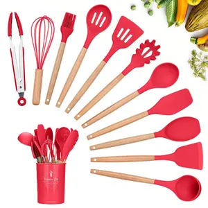 Silicone Cooking Utensils Kitchen Utensil Set, 12 Pieces Natural Wooden Handles Cooking Tool BPA Free Non Toxic Silicone Turner Tongs Spatula Spoon Kitchen Gadgets Utensil Set (Purple) Red