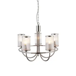 Luminosa Genoa Multi Arm Glass Pendant Ceiling Lamp, Bright Nickel Plate, Ribbed Bubble Glass