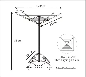 JVL 4 Arm Aluminium Portable Free Standing Rotary Airer, 16 Metre