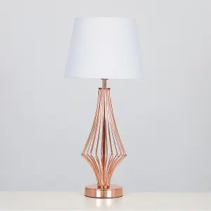 ValueLights Jaspa Copper Metal Wire Geometric Diamond Design Table Lamp with White Tapered Shade with 6w LED GLS Bulb