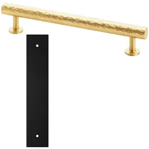 Pull Handle & Contrasting Backplate Set - Hammered Round T Bar - Satin Brass & Black